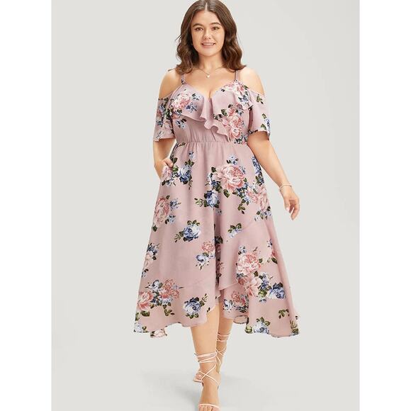 Rare Plus Size 3X 22 24 Floral Cold Shoulder Ruffle Pocket Wrap Dress BloomChic - Picture 1 of 7